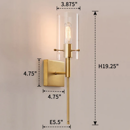 Set of 2 gold wall sconces with clear hand-blown glass cylinder shades and bronze thumbscrews, mountable up or down for modern and farmhouse interiors

