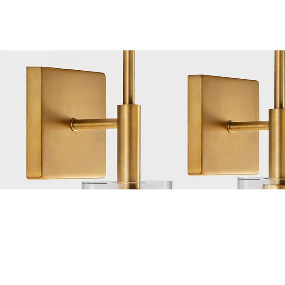 Set of 2 gold wall sconces with clear hand-blown glass cylinder shades and bronze thumbscrews, mountable up or down for modern and farmhouse interiors

