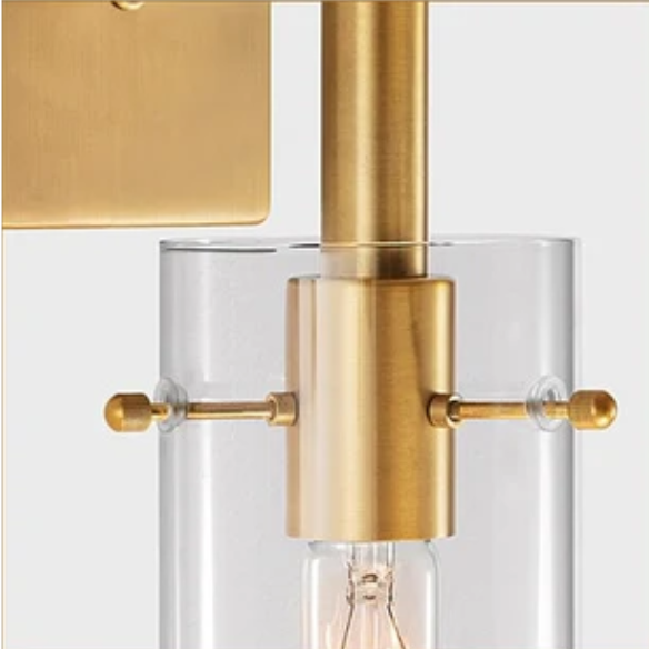 Set of 2 gold wall sconces with clear hand-blown glass cylinder shades and bronze thumbscrews, mountable up or down for modern and farmhouse interiors

