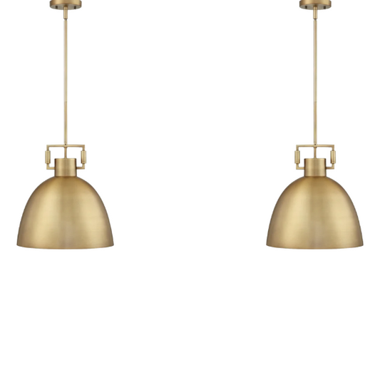 Set of 2 modern gold metal pendant lights with matte dome shades, adjustable ceiling fixtures for kitchen island, hallway, or bedroom