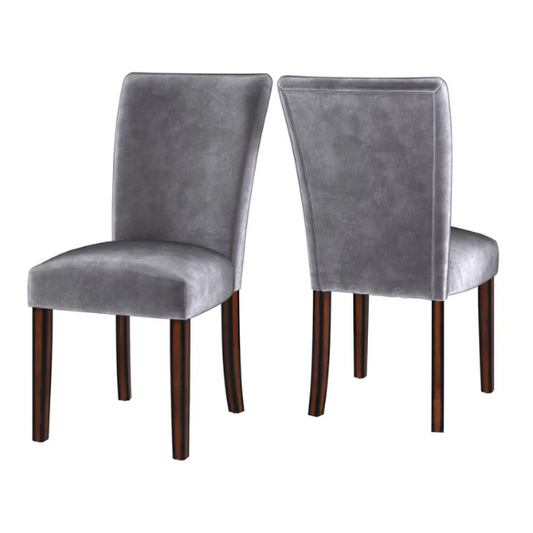 Set of 2 Parson-style dining chairs upholstered in sleek grey velvet with espresso-finished wood legs and plush high backs, ideal for modern or traditional dining spaces.

