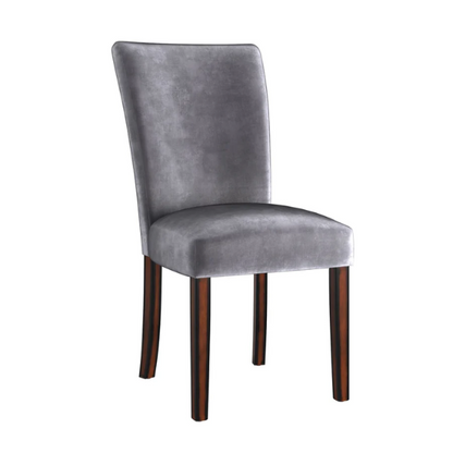 Set of 2 Parson-style dining chairs upholstered in sleek grey velvet with espresso-finished wood legs and plush high backs, ideal for modern or traditional dining spaces.

