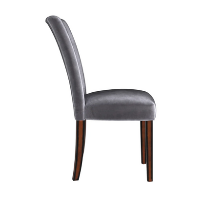 Set of 2 Parson-style dining chairs upholstered in sleek grey velvet with espresso-finished wood legs and plush high backs, ideal for modern or traditional dining spaces.

