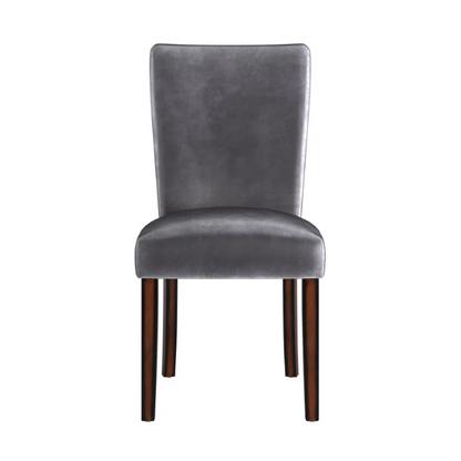 Set of 2 Parson-style dining chairs upholstered in sleek grey velvet with espresso-finished wood legs and plush high backs, ideal for modern or traditional dining spaces.

