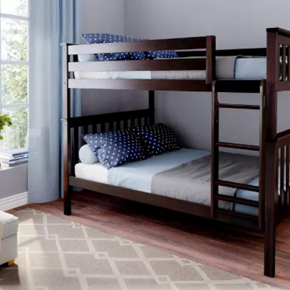 Solid wood twin over twin or full over full bunk bed for kids with reversible ladder, safety guardrails, and non-toxic low VOC finish – space-saving convertible design

