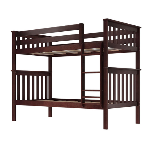Solid wood twin over twin or full over full bunk bed for kids with reversible ladder, safety guardrails, and non-toxic low VOC finish – space-saving convertible design


