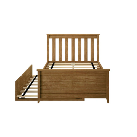 Modern solid wood twin bed with pull-out trundle in pecan finish, featuring slatted headboard and footboard – perfect for kids' rooms and sleepovers.
