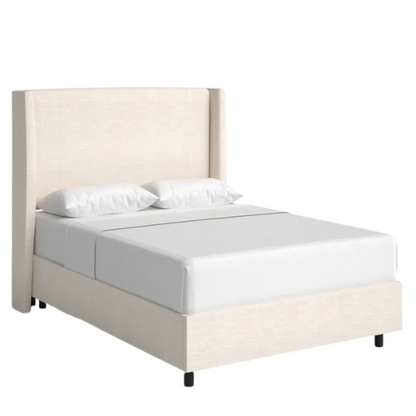 Talc king-size upholstered bed in linen fabric with wingback headboard and low-profile black metal legs.


