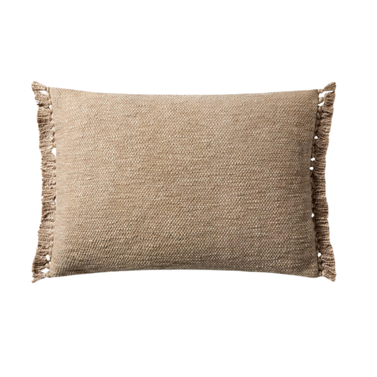 Tan rectangular lumbar throw pillow with fringe, 13x21 inches, made from a cotton-polyester-rayon blend and filled with plush polyester—perfect for neutral, modern, or boho interiors.

