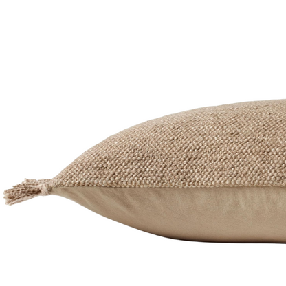 Tan rectangular lumbar throw pillow with fringe, 13x21 inches, made from a cotton-polyester-rayon blend and filled with plush polyester—perfect for neutral, modern, or boho interiors.

