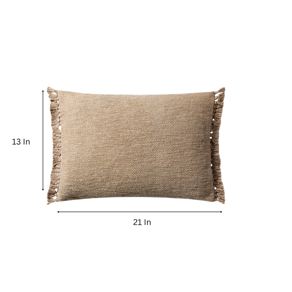 Tan rectangular lumbar throw pillow with fringe, 13x21 inches, made from a cotton-polyester-rayon blend and filled with plush polyester—perfect for neutral, modern, or boho interiors.

