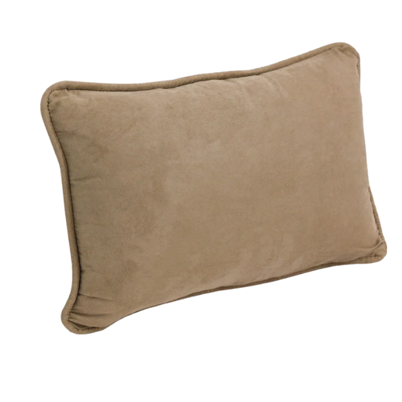 Set of 2 taupe microsuede lumbar throw pillows with piped edges on modern sofa