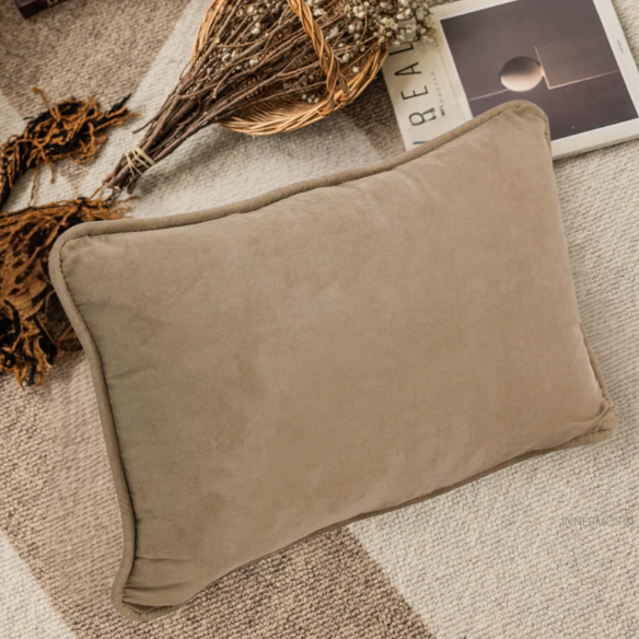 Set of 2 taupe microsuede lumbar throw pillows with piped edges on modern sofa