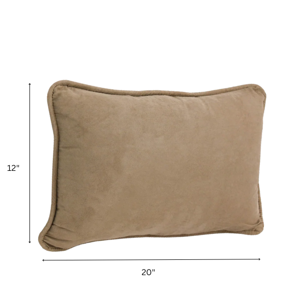 Set of 2 taupe microsuede lumbar throw pillows with piped edges on modern sofa
