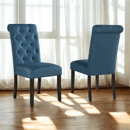 Set of 2 tufted high-back dining chairs with sleek polyester upholstery, espresso wood legs, and padded seats, available in grey, blue, tan, or purple – perfect for modern or farmhouse dining rooms.

