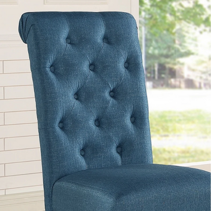 Set of 2 tufted high-back dining chairs with sleek polyester upholstery, espresso wood legs, and padded seats, available in grey, blue, tan, or purple – perfect for modern or farmhouse dining rooms.


