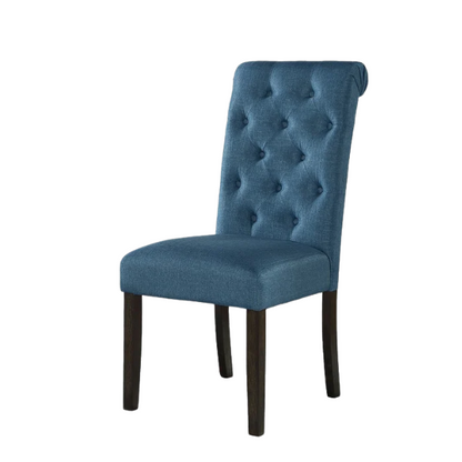 Set of 2 tufted high-back dining chairs with sleek polyester upholstery, espresso wood legs, and padded seats, available in grey, blue, tan, or purple – perfect for modern or farmhouse dining rooms.

