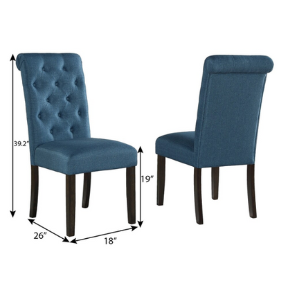 Set of 2 tufted high-back dining chairs with sleek polyester upholstery, espresso wood legs, and padded seats, available in grey, blue, tan, or purple – perfect for modern or farmhouse dining rooms.

