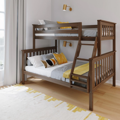 Solid wood twin over full bunk bed for kids with reversible ladder, safety guardrails, and non-toxic finish – space-saving design in natural pine wood

