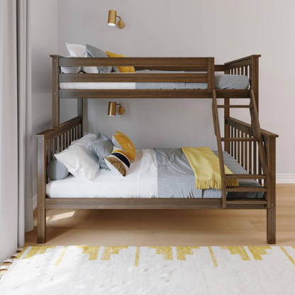 Solid wood twin over full bunk bed for kids with reversible ladder, safety guardrails, and non-toxic finish – space-saving design in natural pine wood

