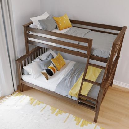 Solid wood twin over full bunk bed for kids with reversible ladder, safety guardrails, and non-toxic finish – space-saving design in natural pine wood

