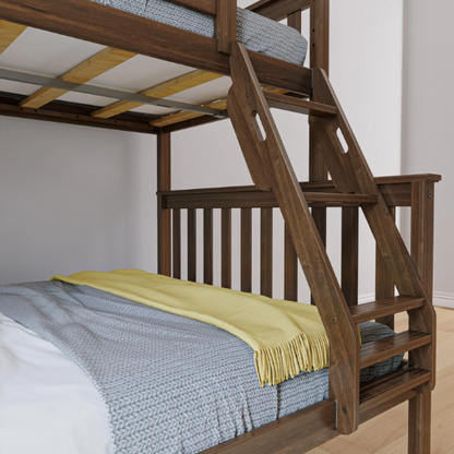 Solid wood twin over full bunk bed for kids with reversible ladder, safety guardrails, and non-toxic finish – space-saving design in natural pine wood


