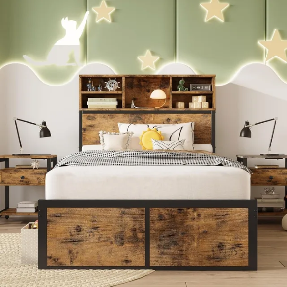 Twin platform bed with bookcase headboard, built-in charging station, and underbed storage in brown wood and black metal frame