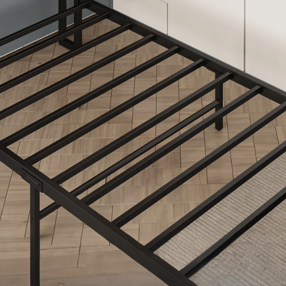 Twin platform bed with bookcase headboard, built-in charging station, and underbed storage in brown wood and black metal frame