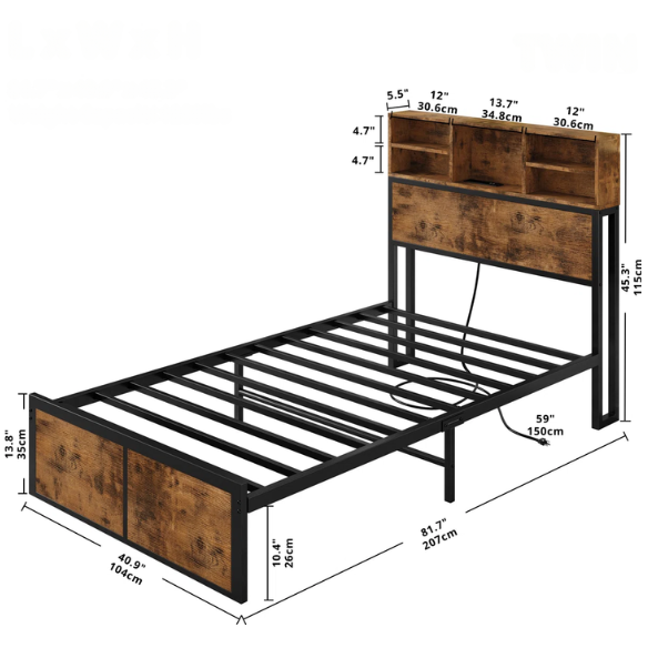 Twin platform bed with bookcase headboard, built-in charging station, and underbed storage in brown wood and black metal frame