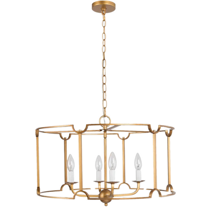 Mid-century modern brass drum chandelier with four candelabra lights in an open lantern frame, ideal for farmhouse and transitional interiors.

