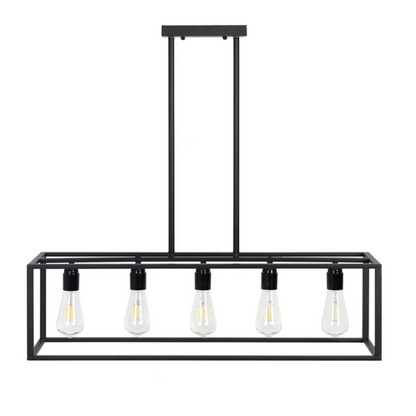 Vintage industrial 5-light pendant light with matte black geometric metal frame, includes warm E27 bulbs, ideal for kitchen islands and dining rooms


