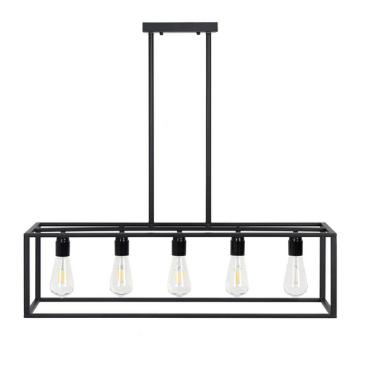 Vintage industrial 5-light pendant light with matte black geometric metal frame, includes warm E27 bulbs, ideal for kitchen islands and dining rooms

