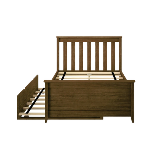 Walnut solid wood twin bed with pull-out trundle, slatted headboard and footboard, ideal for kids’ bedrooms, sleepovers, and guests.
