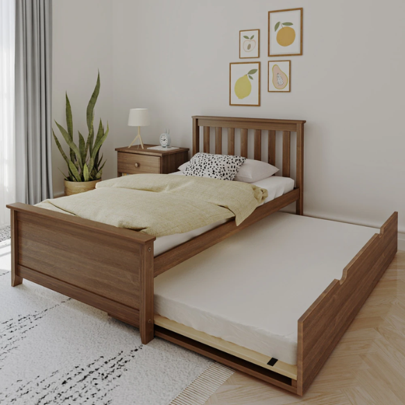 Walnut solid wood twin bed with pull-out trundle, slatted headboard and footboard, ideal for kids’ bedrooms, sleepovers, and guests