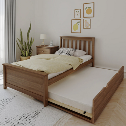 Walnut solid wood twin bed with pull-out trundle, slatted headboard and footboard, ideal for kids’ bedrooms, sleepovers, and guests
