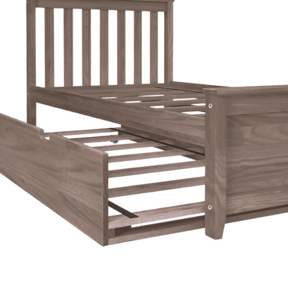 Walnut solid wood twin bed with pull-out trundle, slatted headboard and footboard, ideal for kids’ bedrooms, sleepovers, and guests.