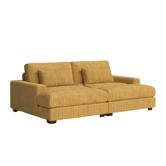 Warm golden yellow corduroy convertible sleeper sofa with adjustable headrest and twin-size pullout functionality, includes two matching toss pillows