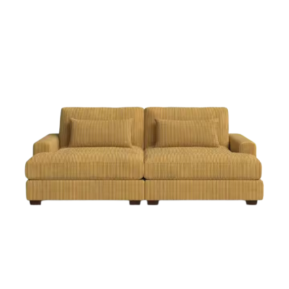 Warm golden yellow corduroy convertible sleeper sofa with adjustable headrest and twin-size pullout functionality, includes two matching toss pillows