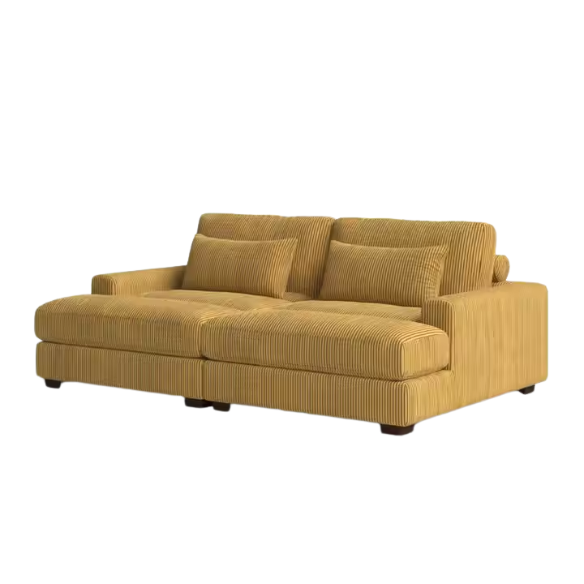 Warm golden yellow corduroy convertible sleeper sofa with adjustable headrest and twin-size pullout functionality, includes two matching toss pillows