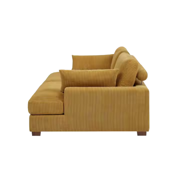Warm golden yellow corduroy convertible sleeper sofa with adjustable headrest and twin-size pullout functionality, includes two matching toss pillows