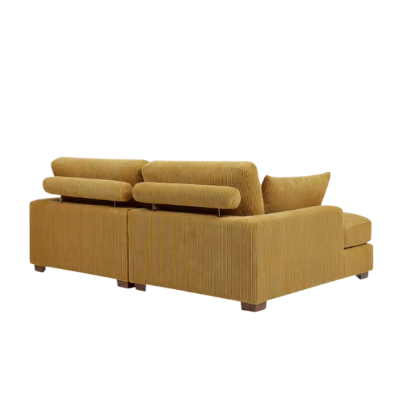 Warm golden yellow corduroy convertible sleeper sofa with adjustable headrest and twin-size pullout functionality, includes two matching toss pillows