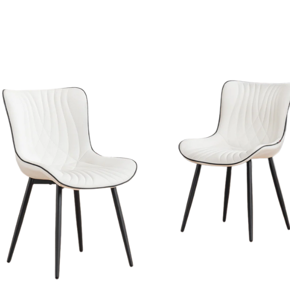 Set of 2 modern dining chairs with white faux leather upholstery and black metal fishtail-style backs, perfect for contemporary kitchens and dining rooms.

