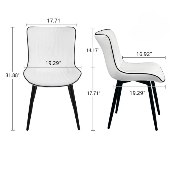 Set of 2 modern dining chairs with white faux leather upholstery and black metal fishtail-style backs, perfect for contemporary kitchens and dining rooms.

