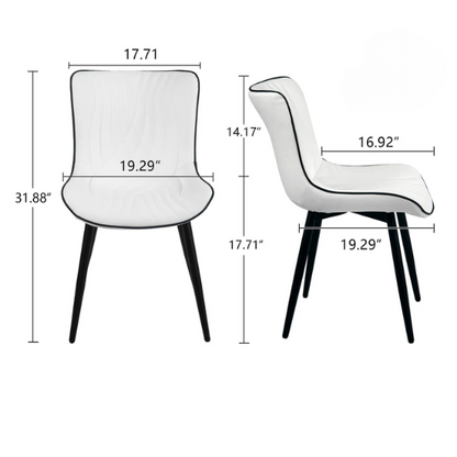 Set of 2 modern dining chairs with white faux leather upholstery and black metal fishtail-style backs, perfect for contemporary kitchens and dining rooms.

