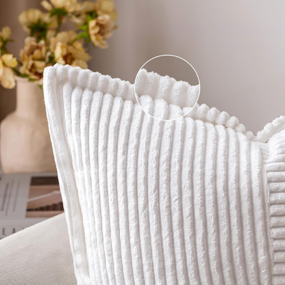 White corduroy pillow cover with geometric striped pattern, modern design, eco-friendly, 45x45 cm, machine washable, perfect for home décor