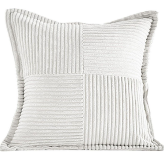 White corduroy pillow cover with geometric striped pattern, modern design, eco-friendly, 45x45 cm, machine washable, perfect for home décor
