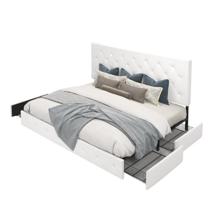 White faux leather queen bed with diamond-tufted adjustable headboard and four underbed storage drawers.

