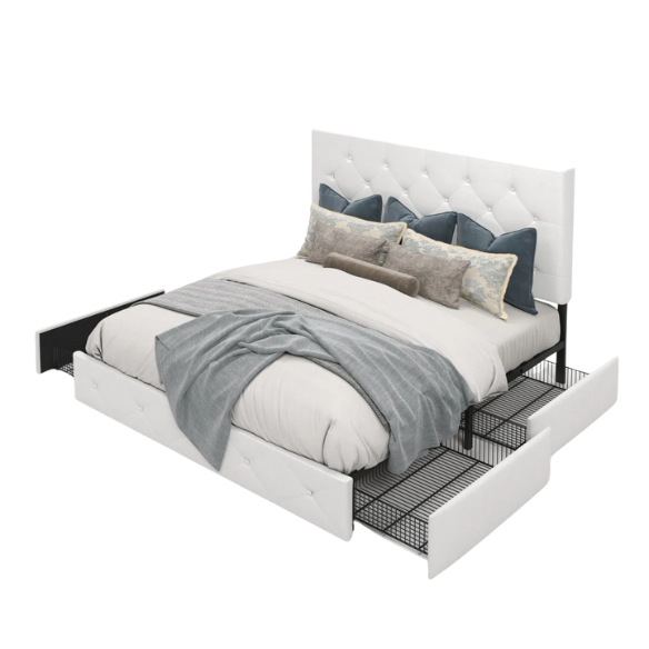 White faux leather queen bed with diamond-tufted adjustable headboard and four underbed storage drawers.

