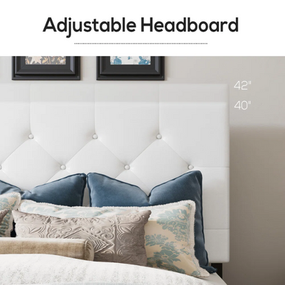 White faux leather queen bed with diamond-tufted adjustable headboard and four underbed storage drawers.

