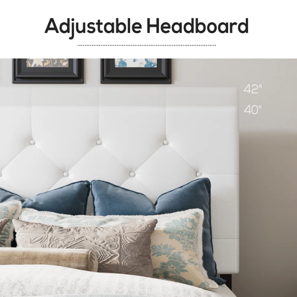 White faux leather queen bed with diamond-tufted adjustable headboard and four underbed storage drawers.

